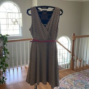 Sleeveless dress with faux wrap top, black-and-white, Lane Bryant size 18